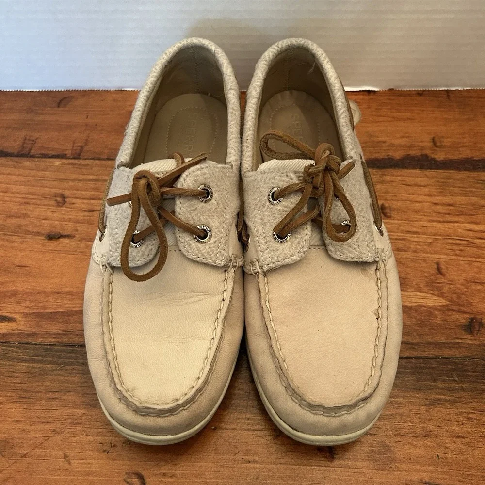 Sperry Womens 6.5 Boat Shoe Tan/Beige Leather Wool‎ Acrylic Deck